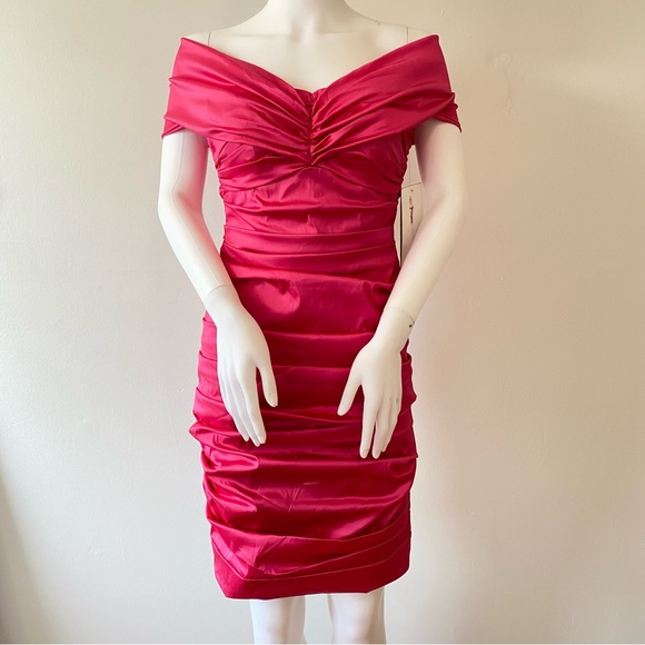 Theia Couture Pink Off Shoulder Ruched Cocktail Dress Size 0 Bodycon Mini - Picture 1 of 6